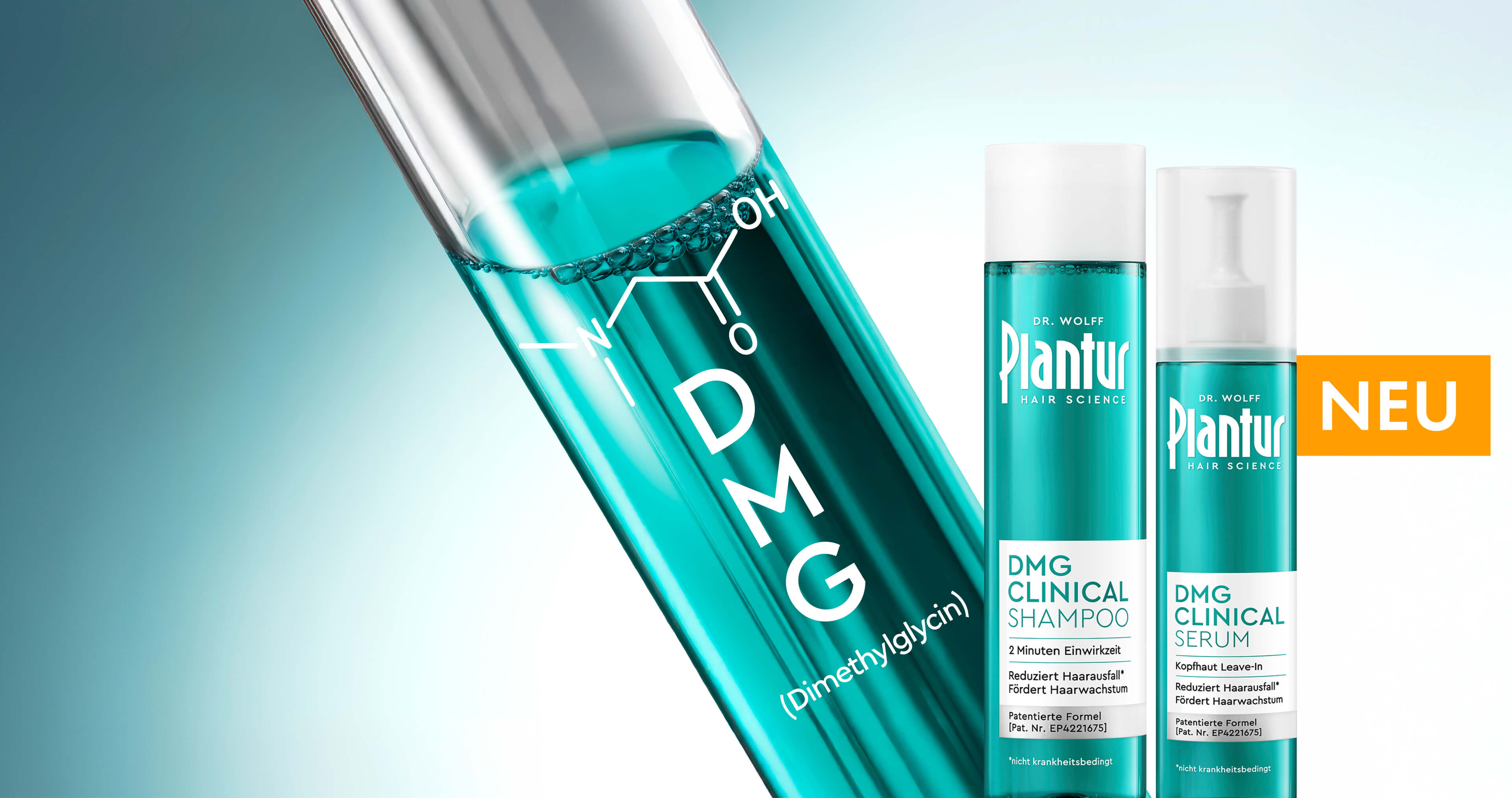 Zwei Produkte „DMG Clinical Shampoo“ und „DMG Clinical Serum“ neben Reagenzglas mit der Aufschrift „DMG (Dimethylglycin)“