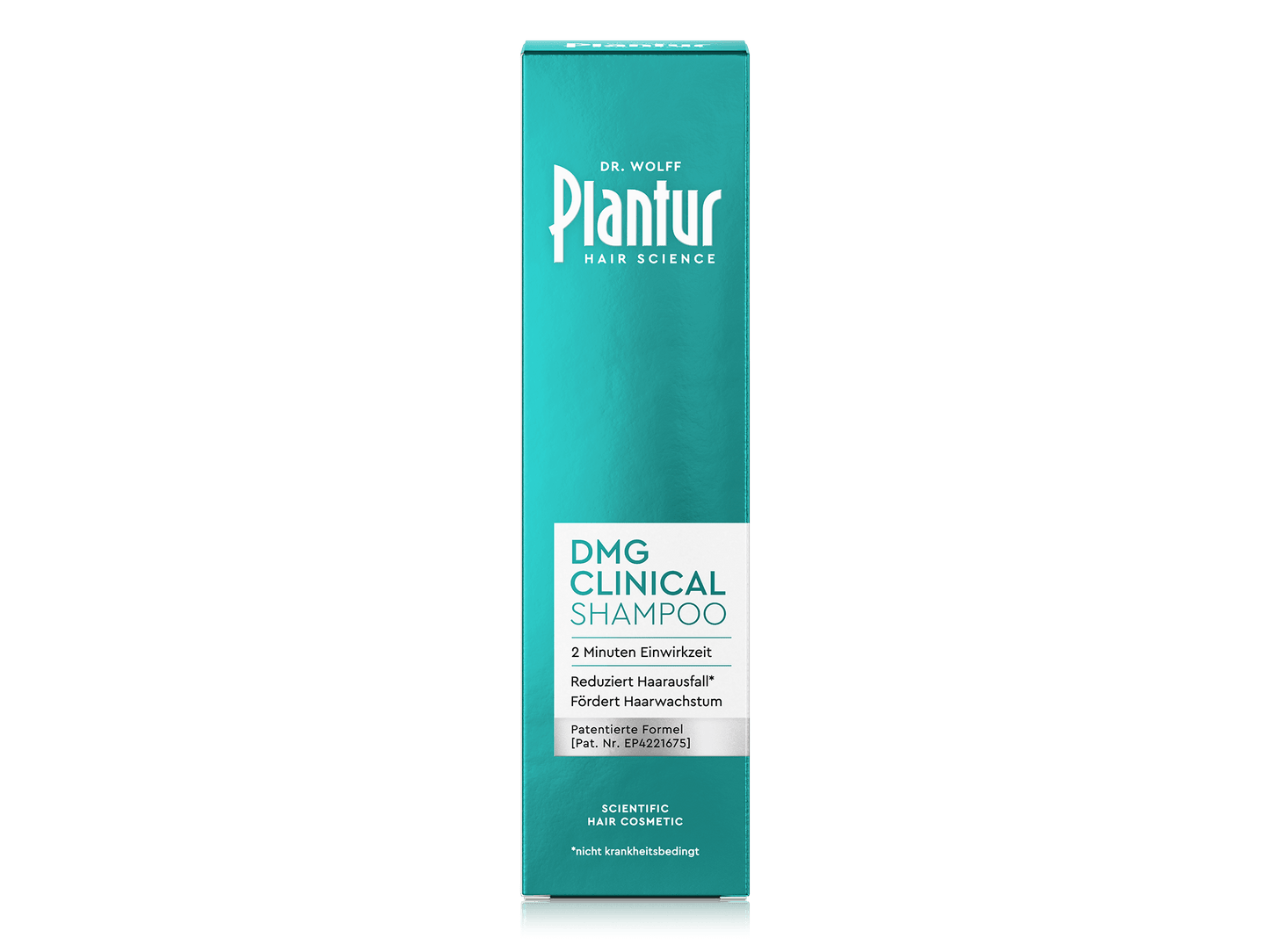 Verpackung von Plantur DMG Clinical Shampoo. Aufdruck: „2 Minuten Einwirkzeit; reduziert nicht krankheitsbedingten Haarausfall; fördert Haarwachstum; patentierte Formel.