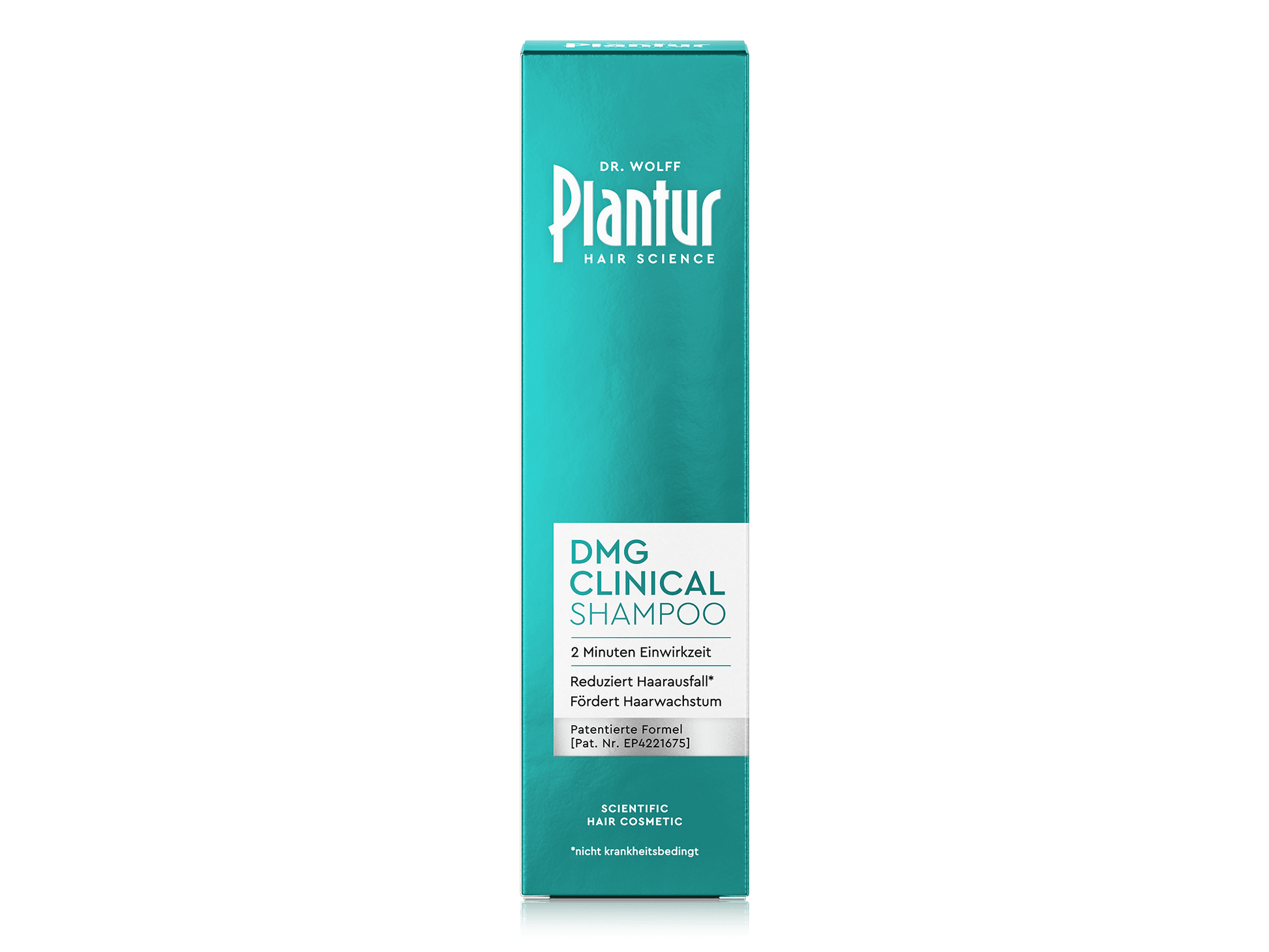 Verpackung von Plantur DMG Clinical Shampoo. Aufdruck: „2 Minuten Einwirkzeit; reduziert nicht krankheitsbedingten Haarausfall; fördert Haarwachstum; patentierte Formel.