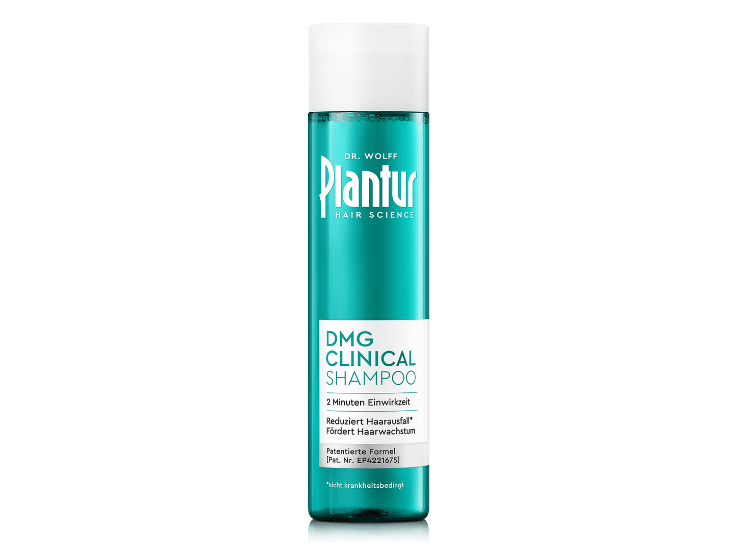 Plantur DMG Clinical Shampoo. Etikett: „2 Minuten Einwirkzeit; reduziert nicht krankheitsbedingten Haarausfall; fördert Haarwachstum; patentierte Formel.