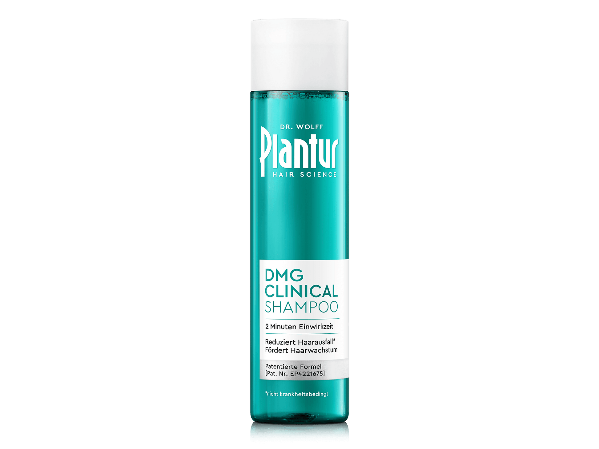 Plantur DMG Clinical Shampoo. Etikett: „2 Minuten Einwirkzeit; reduziert nicht krankheitsbedingten Haarausfall; fördert Haarwachstum; patentierte Formel.