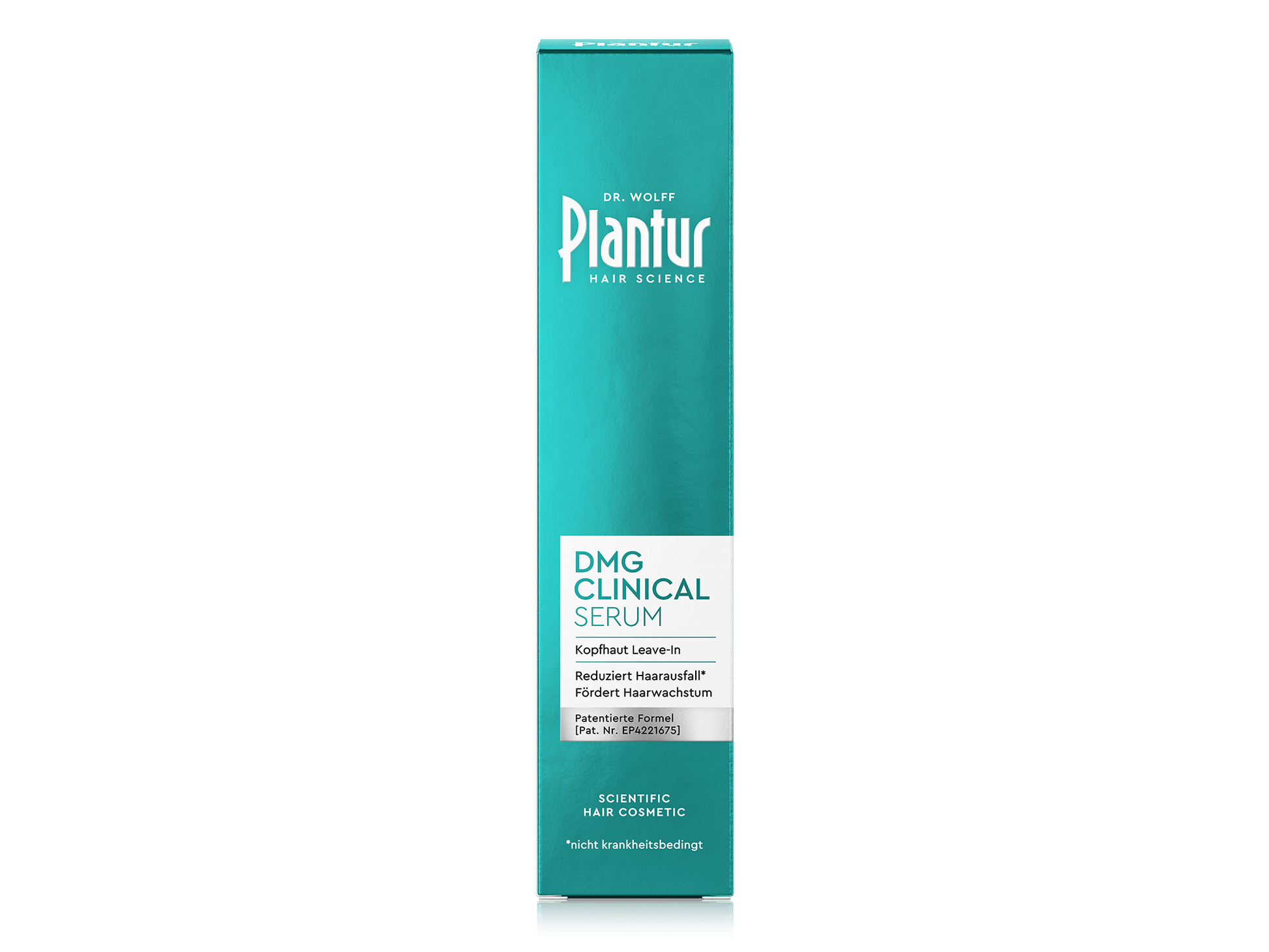 Verpackung von Plantur DMG Clinical Serum. Aufdruck: „Kopfhaut Leave-in; reduziert nicht krankheitsbedingten Haarausfall; fördert Haarwachstum; patentierte Formel.