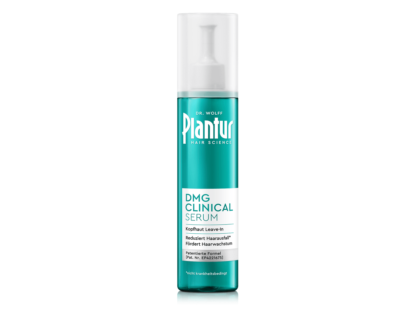 Plantur DMG Clinical Serum. Etikett: „Kopfhaut Leave-in; reduziert nicht krankheitsbedingten Haarausfall; fördert Haarwachstum; patentierte Formel.