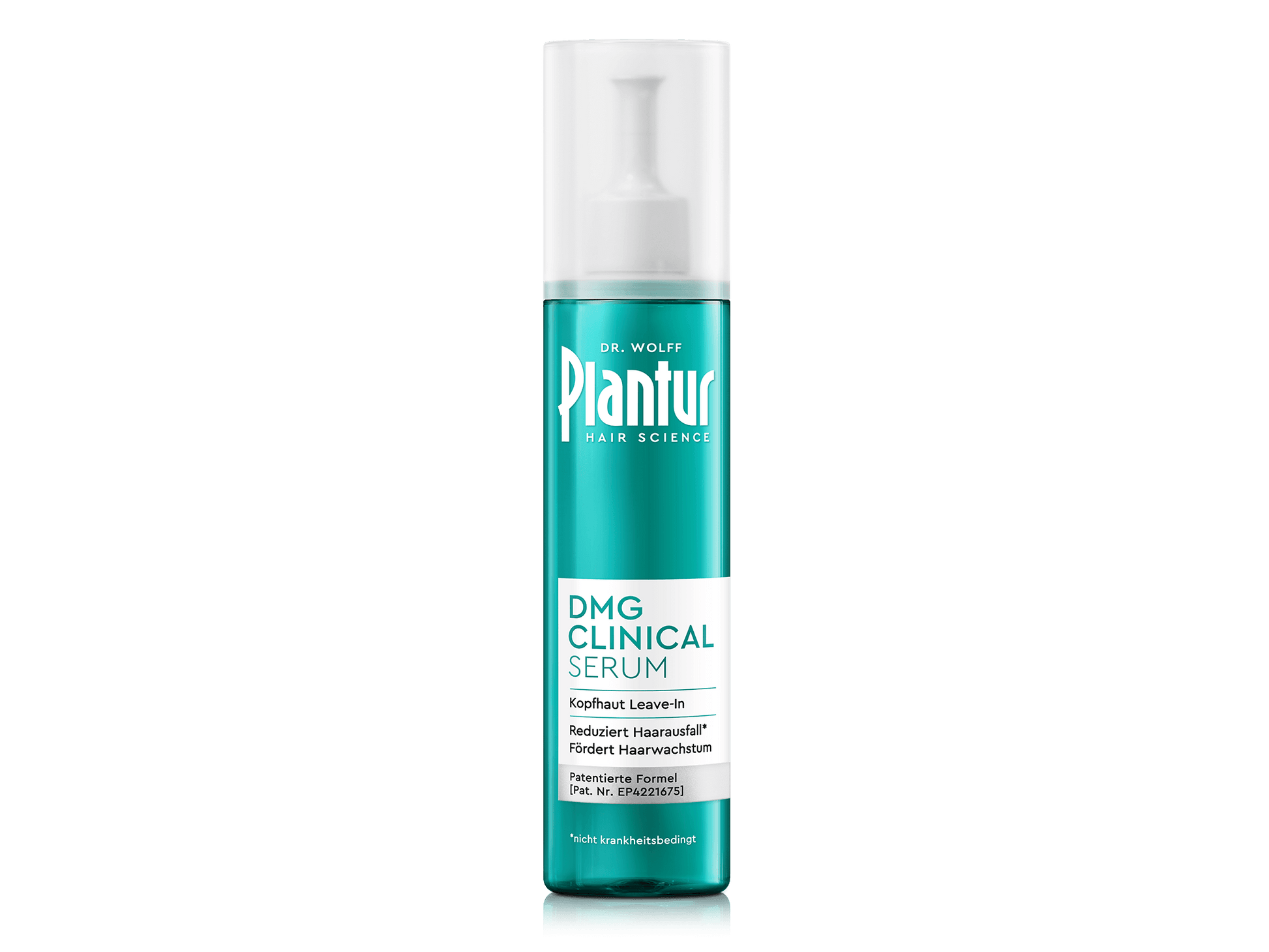 Plantur DMG Clinical Serum. Etikett: „Kopfhaut Leave-in; reduziert nicht krankheitsbedingten Haarausfall; fördert Haarwachstum; patentierte Formel.