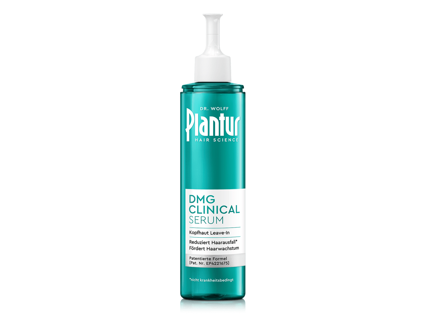 Plantur DMG Clinical Serum ohne Kappe. Etikett: „Kopfhaut Leave-in; reduziert nicht krankheitsbedingten Haarausfall; fördert Haarwachstum; patentierte Formel.
