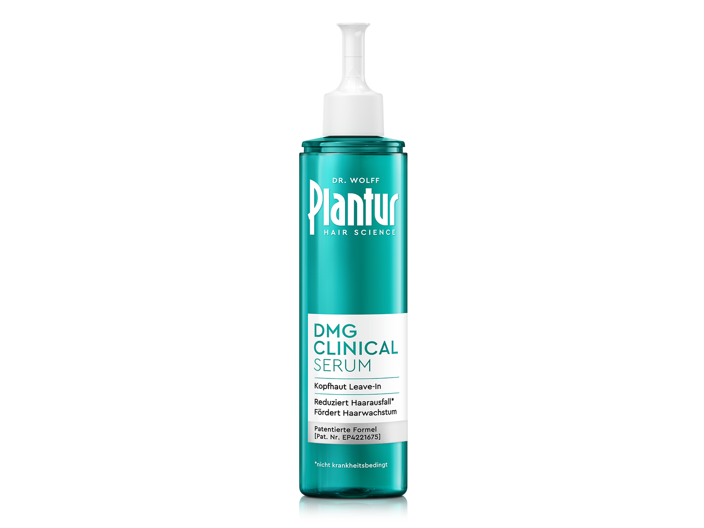 Plantur DMG Clinical Serum ohne Kappe. Etikett: „Kopfhaut Leave-in; reduziert nicht krankheitsbedingten Haarausfall; fördert Haarwachstum; patentierte Formel.
