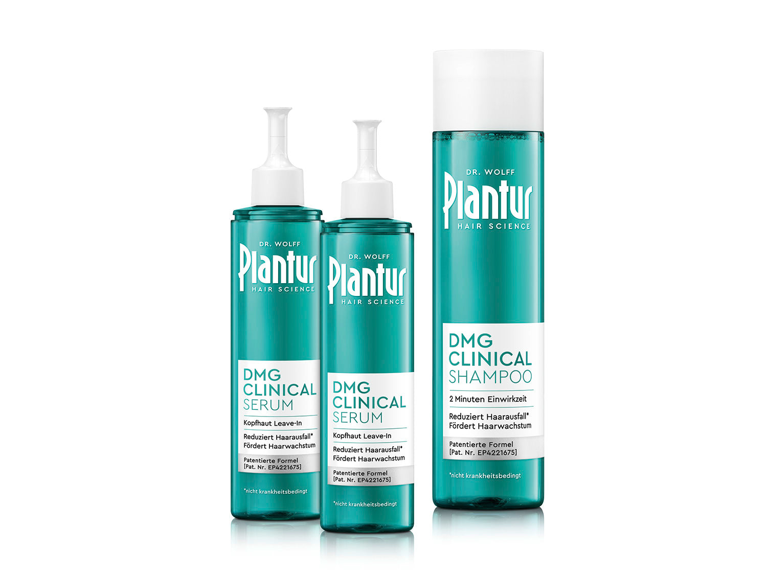 Zwei Plantur DMG Clinical Serum und eine DMG Clinical Shampoo nebeneinander. Text auf Packung: „Reduziert nicht krankheitsbedingten Haarausfall, fördert Haarwachstum.”