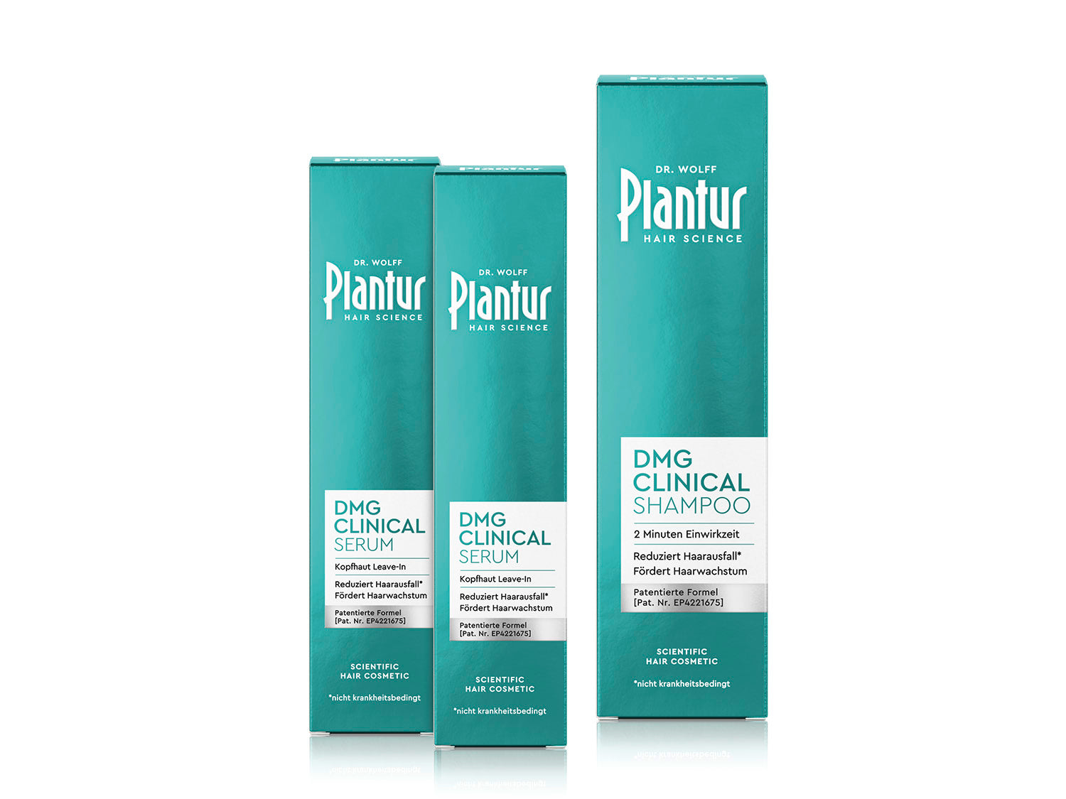 Zwei Packungen Plantur DMG Clinical Serum und eine Packung DMG Clinical Shampoo nebeneinander. Text auf Packung: „Reduziert nicht krankheitsbedingten Haarausfall, fördert Haarwachstum.”