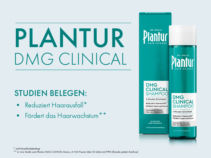 Plantur DMG Clinical Shampoo mit Verpackung. Text: „Studien belegen: Reduziert nicht krankheitsbedingten Haarausfall und fördert das Haarwachstum."