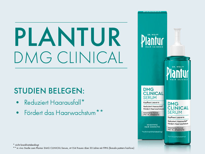 Plantur DMG Clinical Serum mit Verpackung. Text: „Studien belegen: Reduziert nicht krankheitsbedingten Haarausfall und fördert das Haarwachstum."