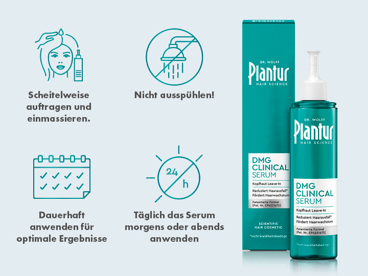 Plantur DMG Clinical Serum mit Verpackung. Scheitelweie auftragen und einmassieren. Nicht ausspülen. Dauerhaft und täglich das Serum morgens oder abends anwenden für optimale Ergebnisse.