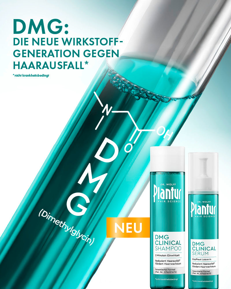 Plantur DMG Clinical: Shampoo und Serum gegen nicht krankheitsbedingten Haarausfall. Text: „DMG: die neue Wirkstoff-Generation gegen Haarausfall. NEU.”
