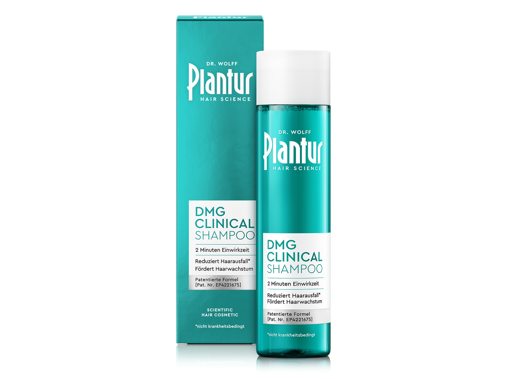 Plantur DMG Clinical Shampoo mit Verpackung. Etikett: „2 Minuten Einwirkzeit; reduziert nicht krankheitsbedingten Haarausfall; fördert Haarwachstum; patentierte Formel.